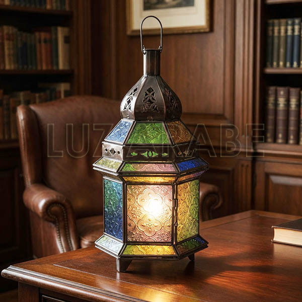 Kaufen Sechseckigen kerze Laterne aus farbigem glas und durchbohrte bronzene